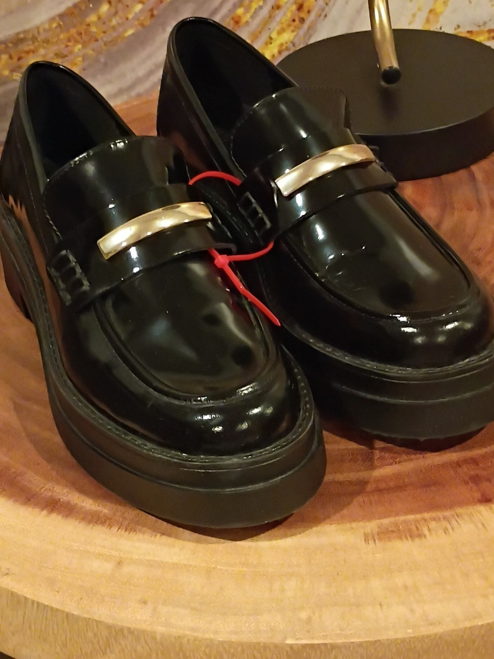 Steve Madden Black Patent Loafers with Gold Accent
